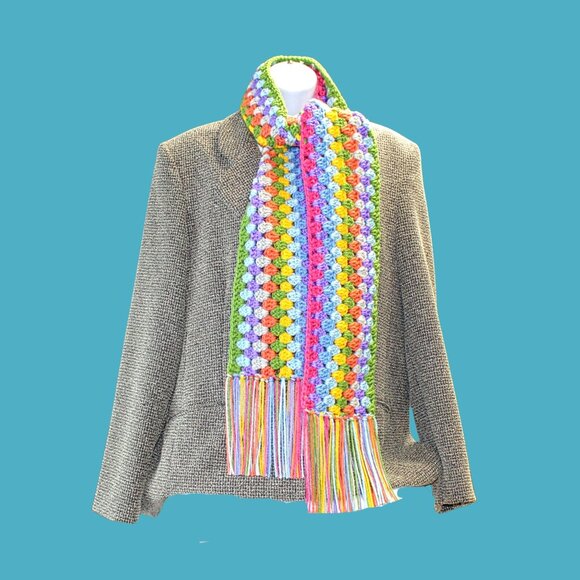 Bold Colorful Hand Crocheted Scarf with Fringe | Winter Accessory for Cozy Style - Picture 1 of 7